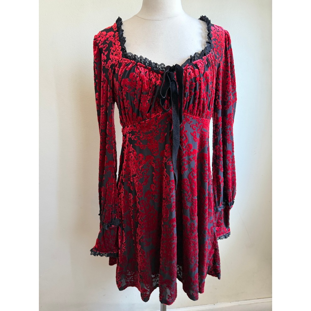 Killstar sitri long sleeve mini red burnout velvet dress